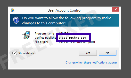 Screenshot where Video Technology appears as the verified publisher in the UAC dialog